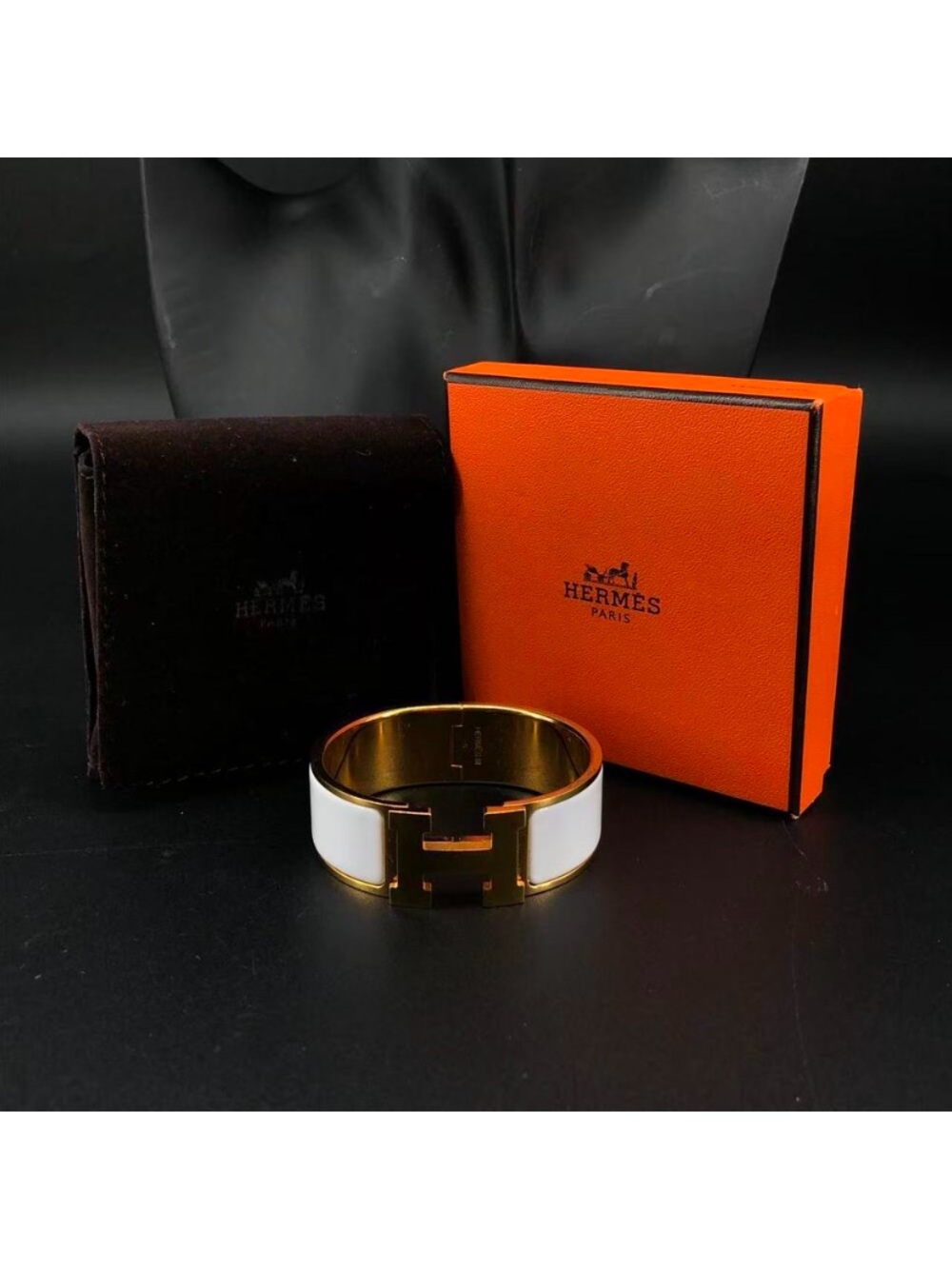 Hermes White and Gold Enamel Cuff Bracelet
